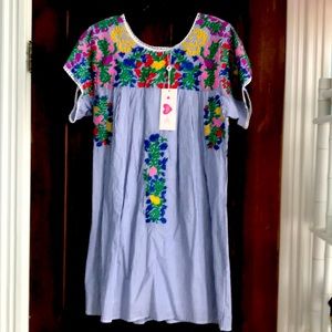 Buddy Love embroidered dress with blue and white stripes